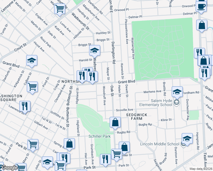 map of restaurants, bars, coffee shops, grocery stores, and more near in Syracuse