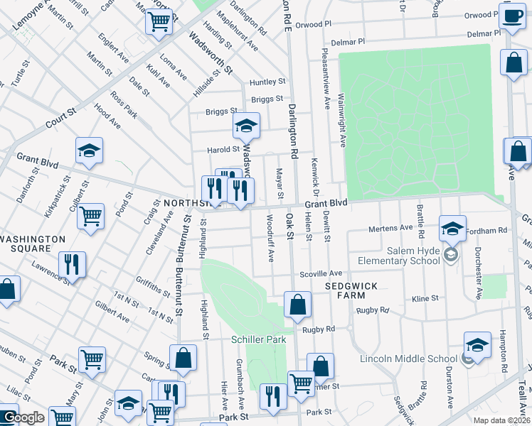 map of restaurants, bars, coffee shops, grocery stores, and more near 1604 Grant Boulevard in Syracuse