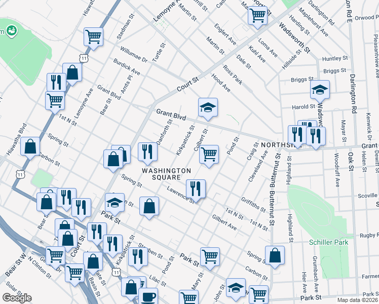 map of restaurants, bars, coffee shops, grocery stores, and more near 914 Kirkpatrick Street in Syracuse