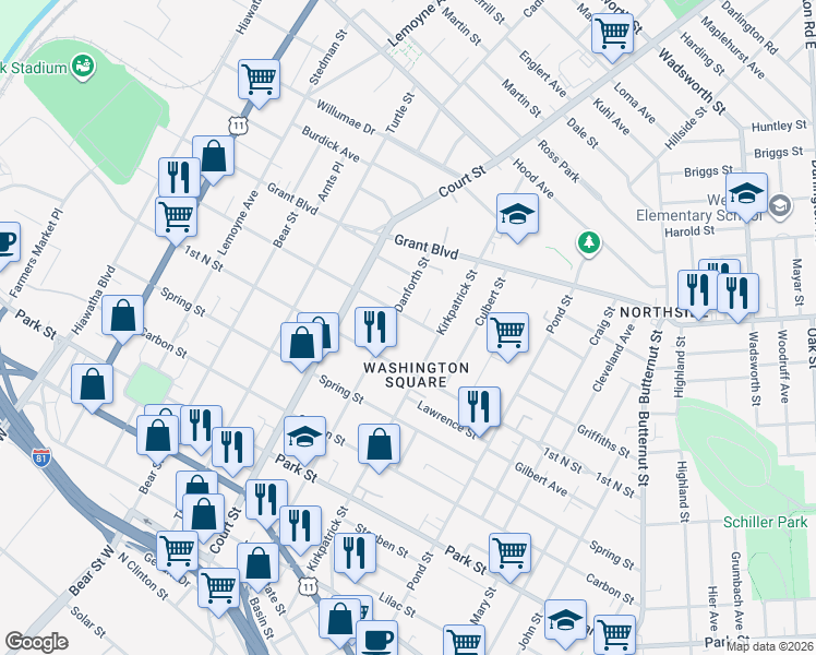 map of restaurants, bars, coffee shops, grocery stores, and more near 110 2nd North Street in Syracuse
