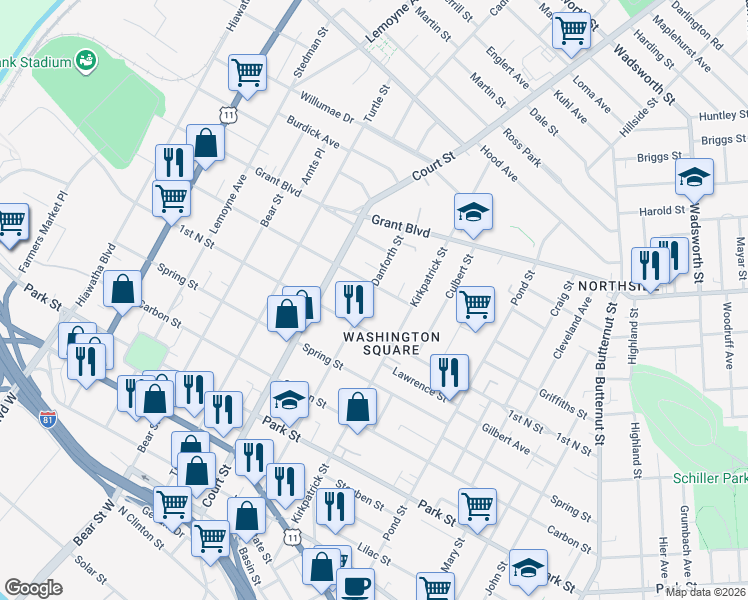 map of restaurants, bars, coffee shops, grocery stores, and more near 919 Danforth Street in Syracuse