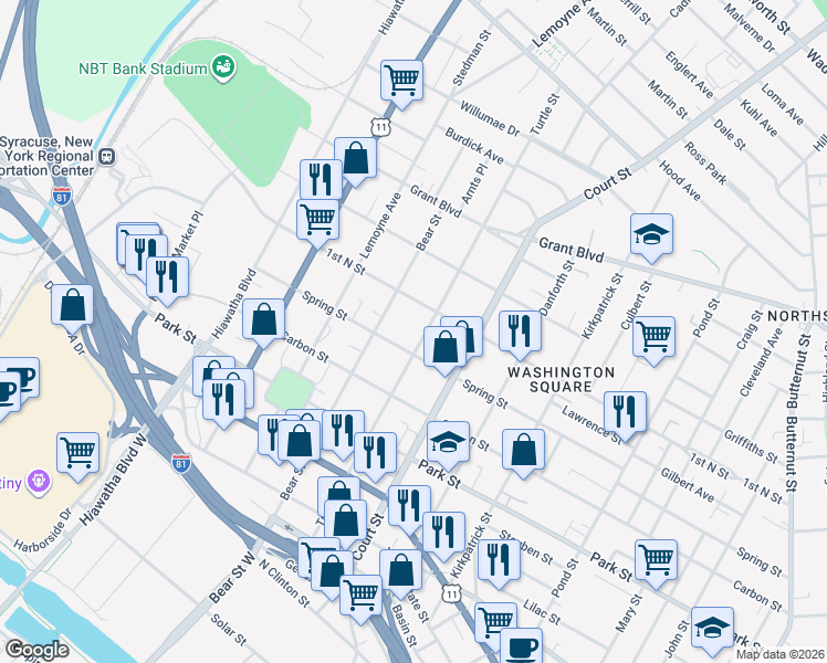 map of restaurants, bars, coffee shops, grocery stores, and more near 1307 1st North Street in Syracuse