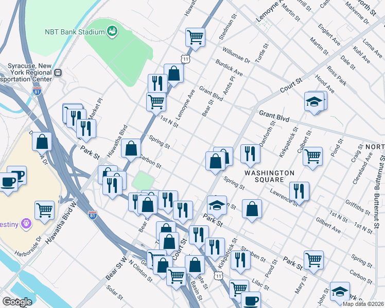 map of restaurants, bars, coffee shops, grocery stores, and more near 1307 1st North Street in Syracuse