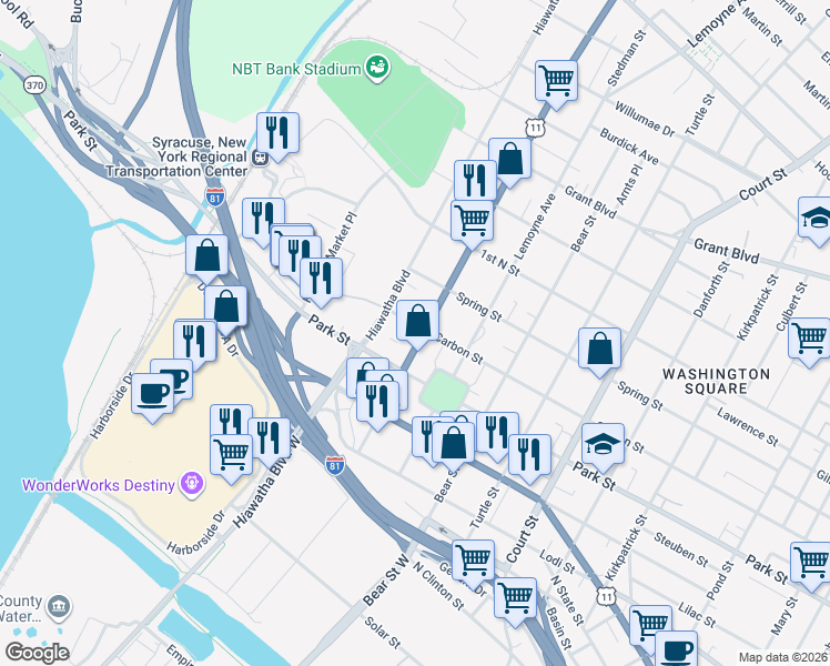 map of restaurants, bars, coffee shops, grocery stores, and more near 1304-06 Carbon Street in Syracuse