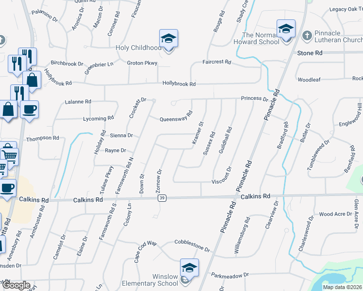 map of restaurants, bars, coffee shops, grocery stores, and more near 158 Down Street in Rochester