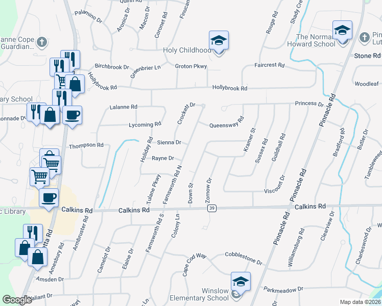 map of restaurants, bars, coffee shops, grocery stores, and more near 112 Farnsworth Road North in Rochester