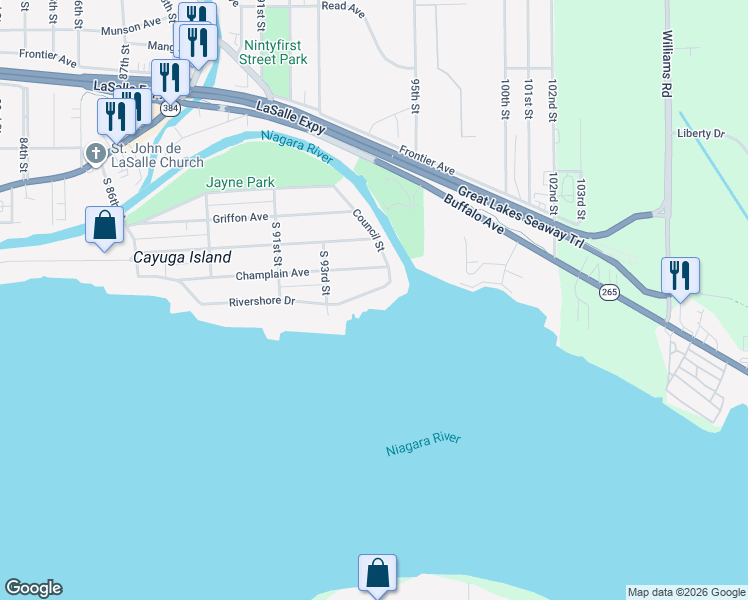map of restaurants, bars, coffee shops, grocery stores, and more near 9362 Rivershore Drive in Niagara Falls