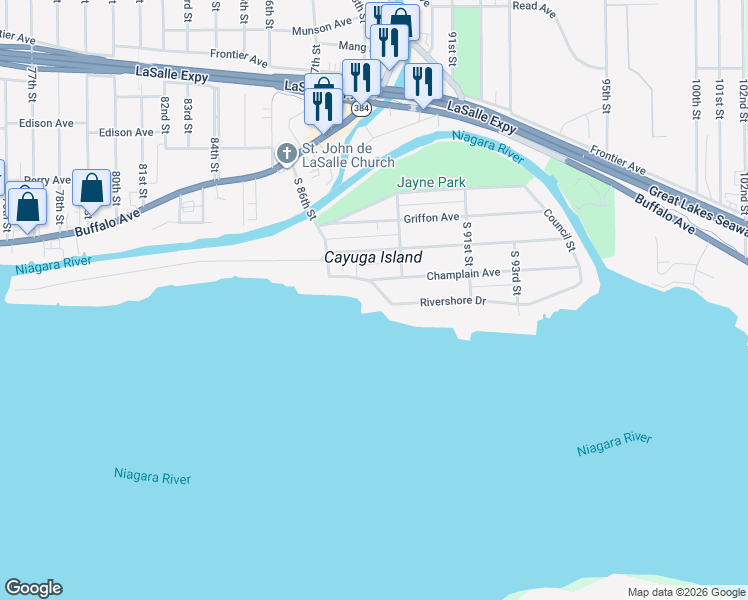 map of restaurants, bars, coffee shops, grocery stores, and more near 8635 Rivershore Drive in Niagara Falls