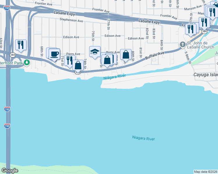 map of restaurants, bars, coffee shops, grocery stores, and more near 7650 West Rivershore Drive in Niagara Falls
