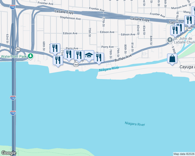 map of restaurants, bars, coffee shops, grocery stores, and more near 7650 West Rivershore Drive in Niagara Falls