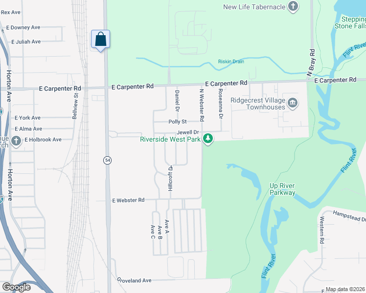map of restaurants, bars, coffee shops, grocery stores, and more near 6706 Hillcroft Drive in Flint