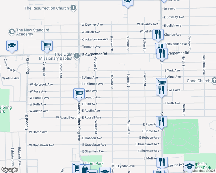 map of restaurants, bars, coffee shops, grocery stores, and more near 257 East Holbrook Avenue in Flint