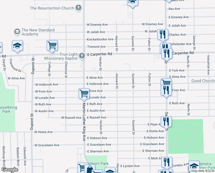 map of restaurants, bars, coffee shops, grocery stores, and more near 221 East Holbrook Avenue in Flint