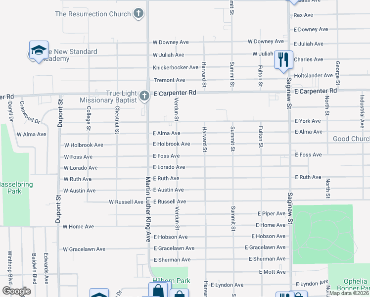 map of restaurants, bars, coffee shops, grocery stores, and more near 221 East Holbrook Avenue in Flint