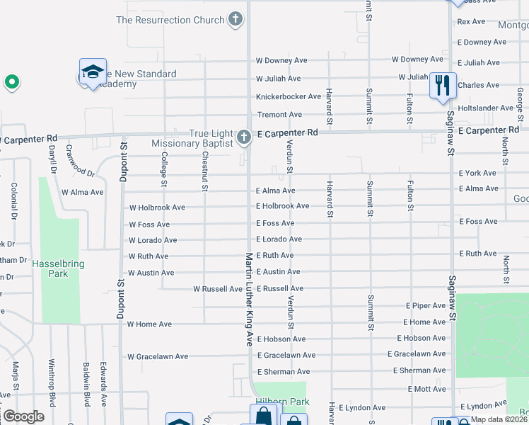 map of restaurants, bars, coffee shops, grocery stores, and more near 105 East Holbrook Avenue in Flint