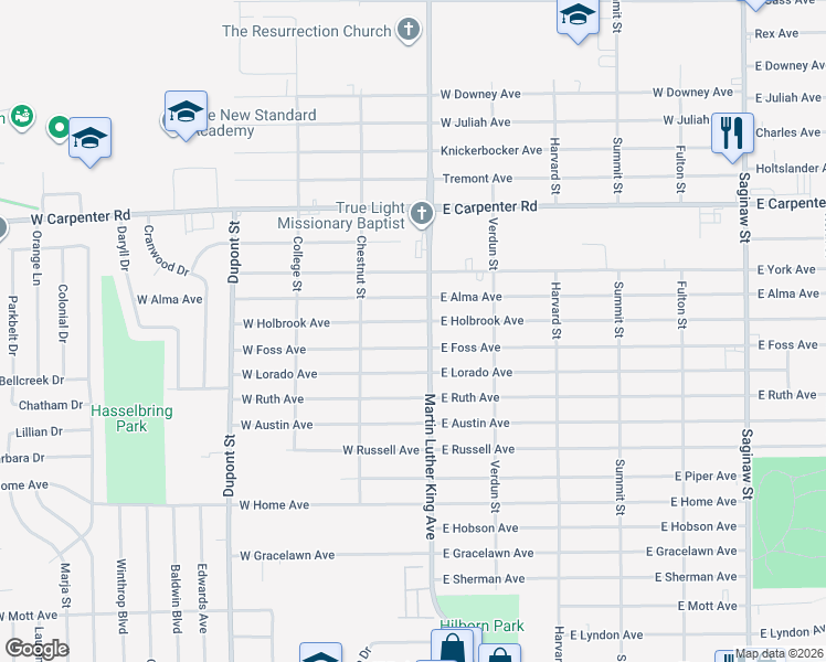 map of restaurants, bars, coffee shops, grocery stores, and more near 210 West Holbrook Avenue in Flint