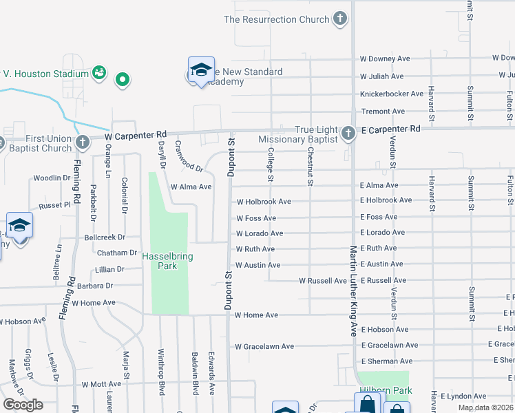 map of restaurants, bars, coffee shops, grocery stores, and more near 610 West Holbrook Avenue in Flint