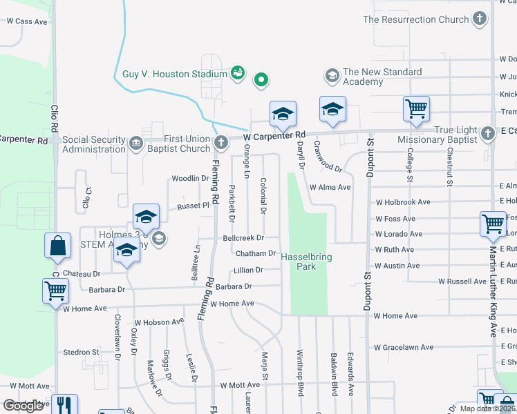 map of restaurants, bars, coffee shops, grocery stores, and more near 6709 Colonial Drive in Flint