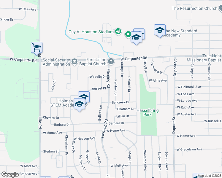 map of restaurants, bars, coffee shops, grocery stores, and more near 6720 Parkbelt Drive in Flint