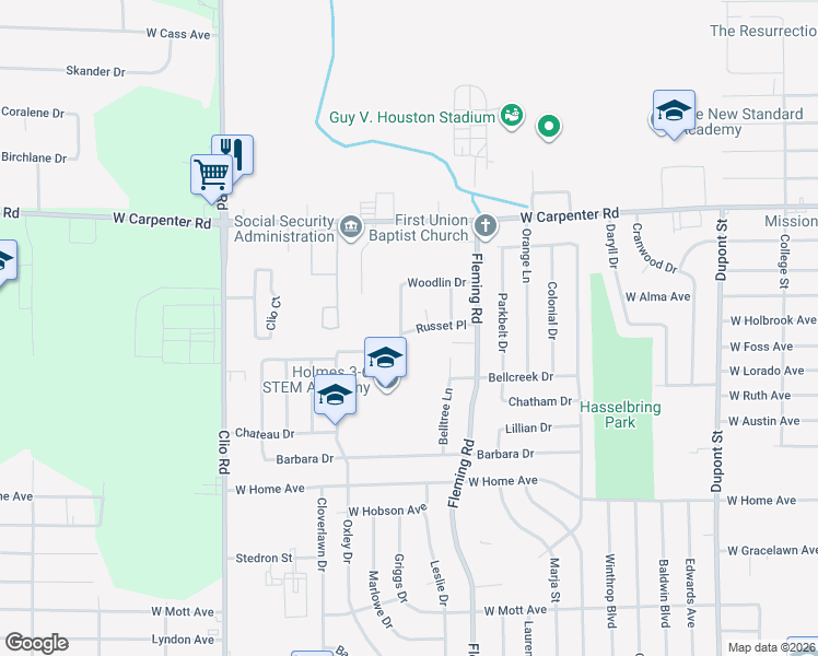 map of restaurants, bars, coffee shops, grocery stores, and more near 6708 Russet Court in Flint