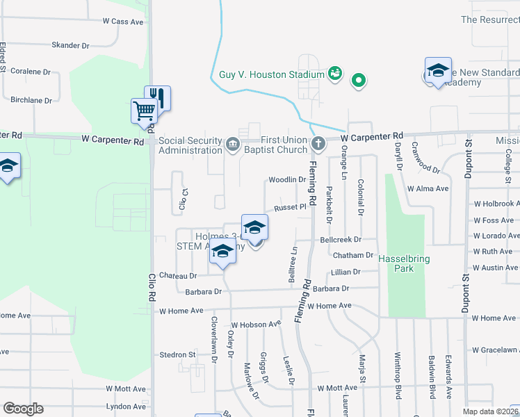map of restaurants, bars, coffee shops, grocery stores, and more near 6801 Fleetwood Drive in Flint