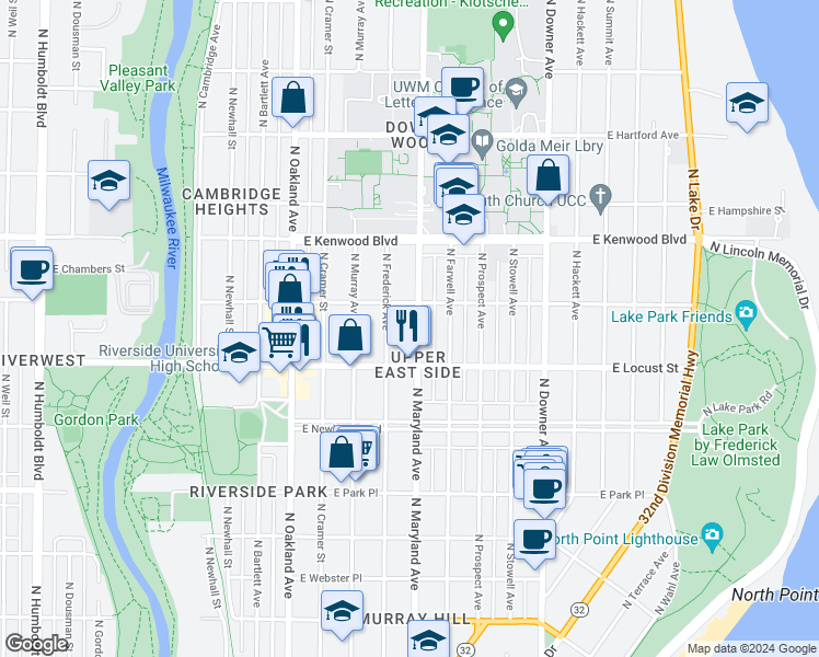 map of restaurants, bars, coffee shops, grocery stores, and more near 2971 North Maryland Avenue in Milwaukee