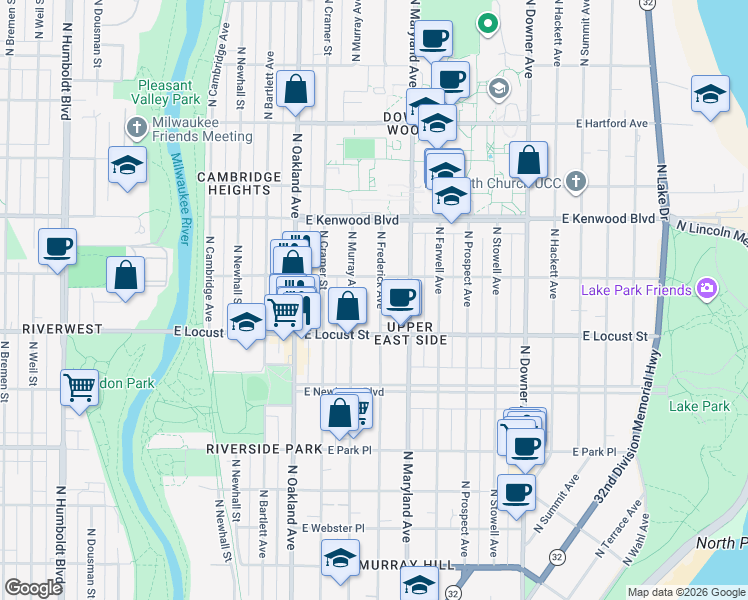 map of restaurants, bars, coffee shops, grocery stores, and more near 2966 North Murray Avenue in Milwaukee