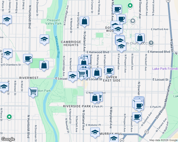 map of restaurants, bars, coffee shops, grocery stores, and more near 2966 North Cramer Street in Milwaukee