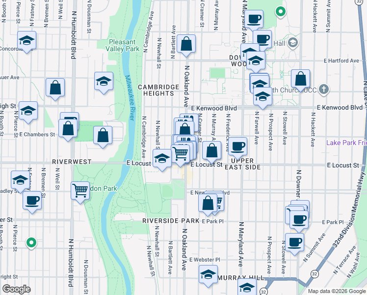 map of restaurants, bars, coffee shops, grocery stores, and more near 2967 North Oakland Avenue in Milwaukee
