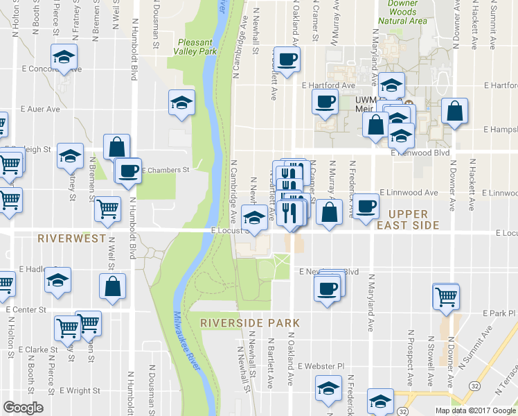 map of restaurants, bars, coffee shops, grocery stores, and more near 2973 North Bartlett Avenue in Milwaukee