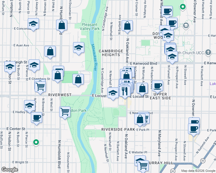map of restaurants, bars, coffee shops, grocery stores, and more near 2966 North Cambridge Avenue in Milwaukee