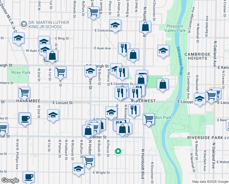 map of restaurants, bars, coffee shops, grocery stores, and more near 2959 North Fratney Street in Milwaukee
