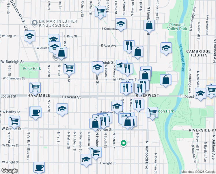 map of restaurants, bars, coffee shops, grocery stores, and more near 2965 North Pierce Street in Milwaukee
