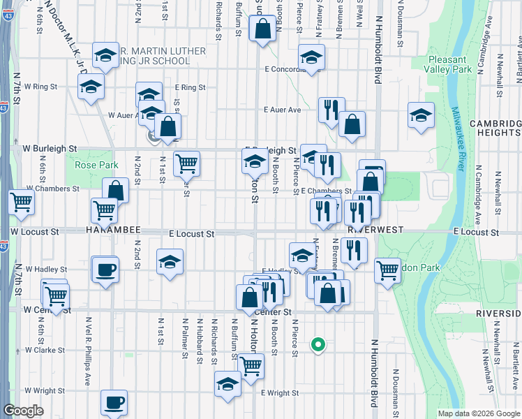 map of restaurants, bars, coffee shops, grocery stores, and more near 2965 North Booth Street in Milwaukee