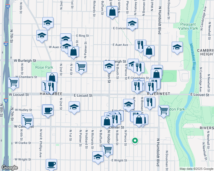 map of restaurants, bars, coffee shops, grocery stores, and more near 2962 North Buffum Street in Milwaukee