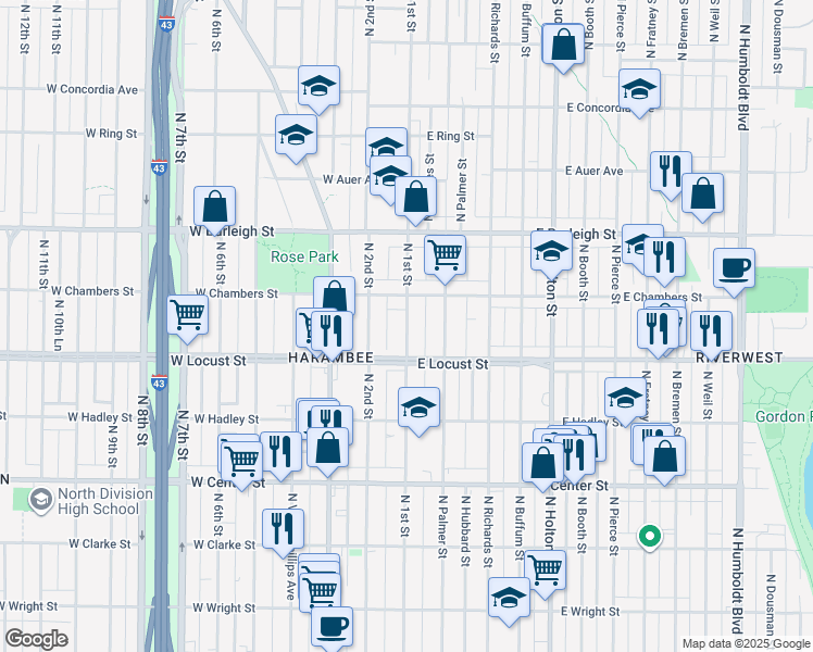 map of restaurants, bars, coffee shops, grocery stores, and more near 2962 North 1st Street in Milwaukee