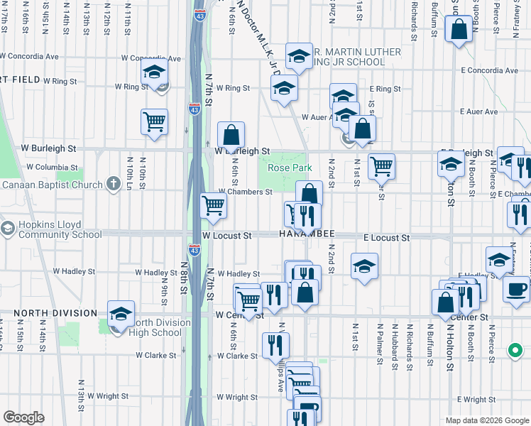 map of restaurants, bars, coffee shops, grocery stores, and more near 2948 North 5th Street in Milwaukee