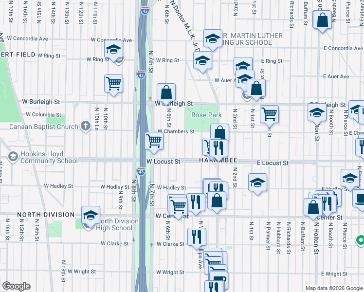 map of restaurants, bars, coffee shops, grocery stores, and more near 2948 North 5th Street in Milwaukee