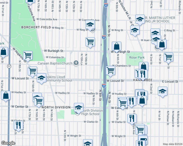 map of restaurants, bars, coffee shops, grocery stores, and more near 2959 North 9th Street in Milwaukee
