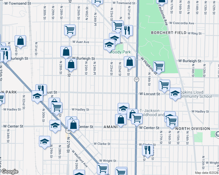 map of restaurants, bars, coffee shops, grocery stores, and more near 2944 North 24th Street in Milwaukee