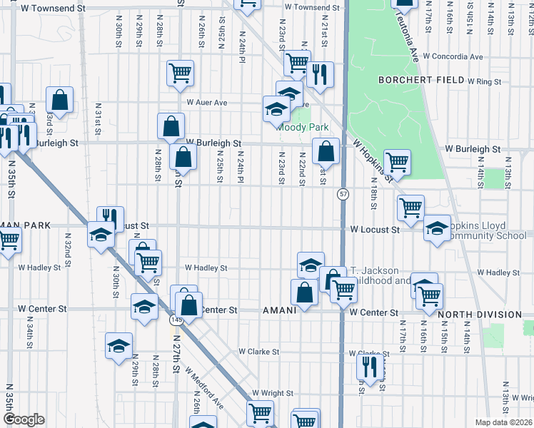 map of restaurants, bars, coffee shops, grocery stores, and more near 2944 North 24th Street in Milwaukee