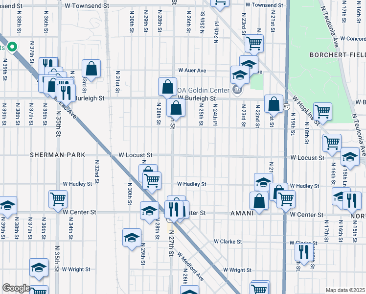 map of restaurants, bars, coffee shops, grocery stores, and more near 2943 North 26th Street in Milwaukee