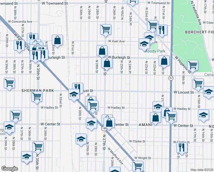 map of restaurants, bars, coffee shops, grocery stores, and more near 2943 North 26th Street in Milwaukee