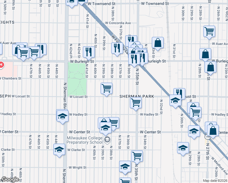 map of restaurants, bars, coffee shops, grocery stores, and more near 2941 North 37th Street in Milwaukee