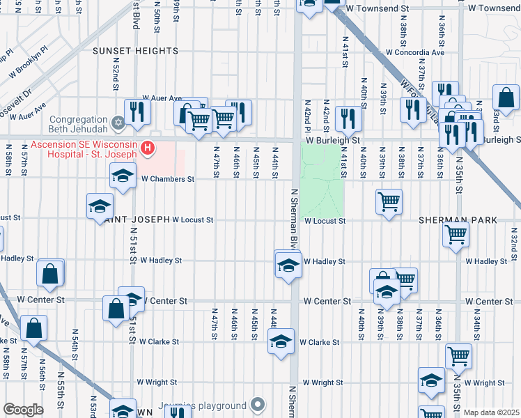 map of restaurants, bars, coffee shops, grocery stores, and more near 2943 North 44th Street in Milwaukee