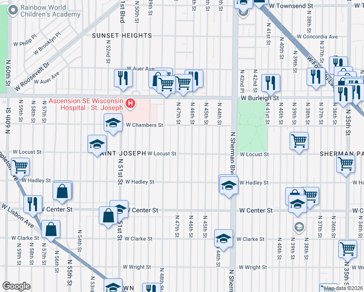 map of restaurants, bars, coffee shops, grocery stores, and more near 2940 North 47th Street in Milwaukee