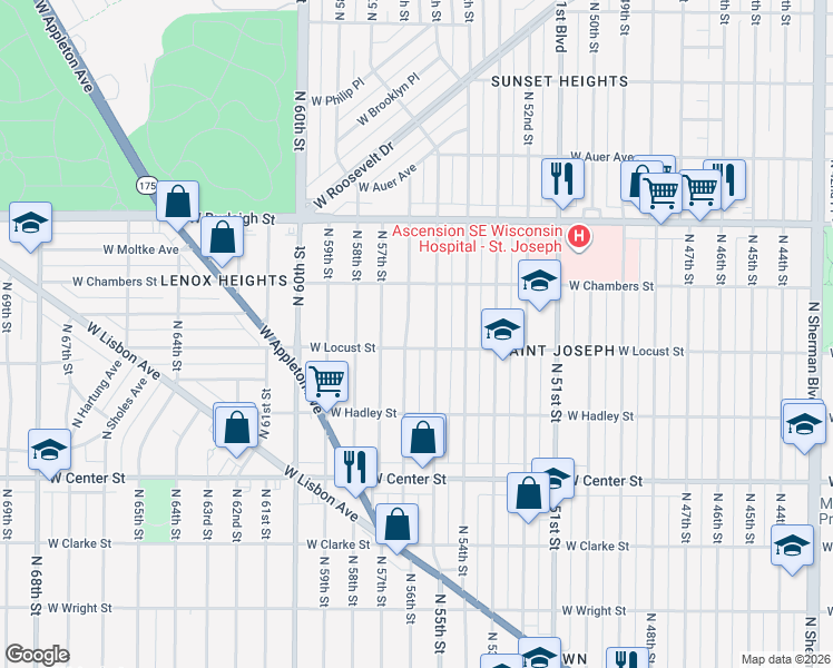map of restaurants, bars, coffee shops, grocery stores, and more near 2939 North 55th Street in Milwaukee