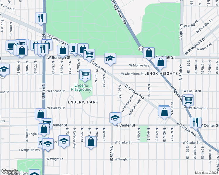 map of restaurants, bars, coffee shops, grocery stores, and more near 2953 North 68th Street in Milwaukee