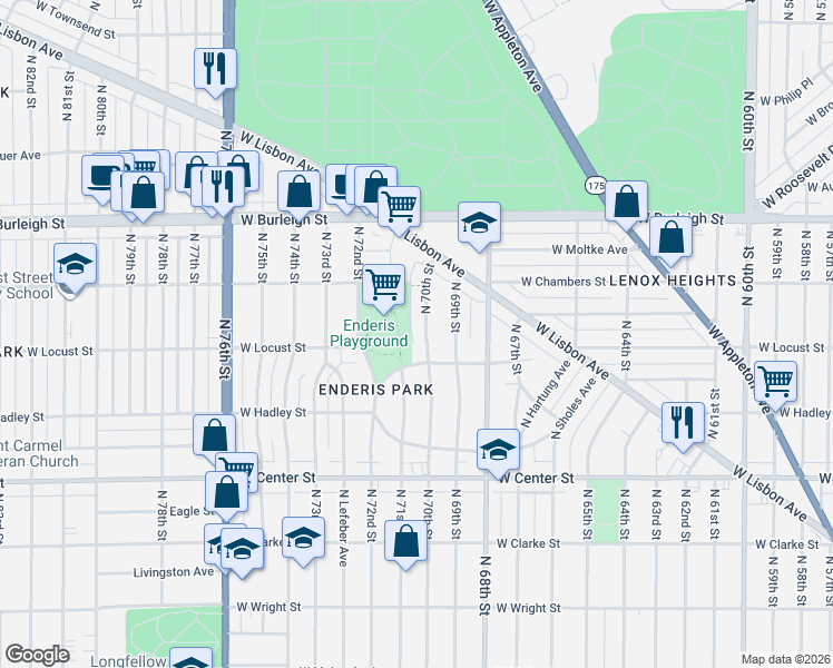 map of restaurants, bars, coffee shops, grocery stores, and more near 2957 North 70th Street in Milwaukee