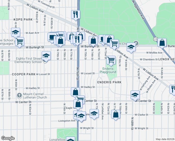 map of restaurants, bars, coffee shops, grocery stores, and more near 2935 North 74th Street in Milwaukee